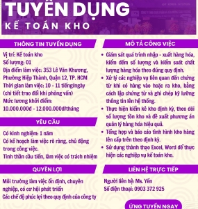 THÔNG BÁO TUYỂN DỤNG KẾ TOÁN KHO - VŨ YẾN FOODS